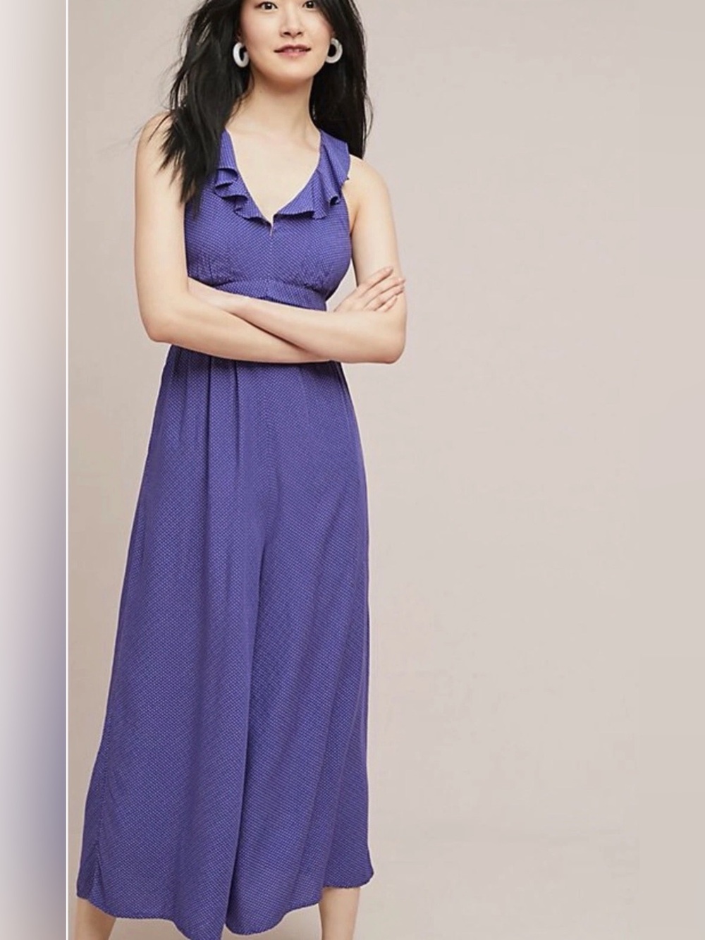 Maeve By Anthropologie Ruffle V-Neck Wide Leg Polka Dot Jumpsuit Women’s Size 8